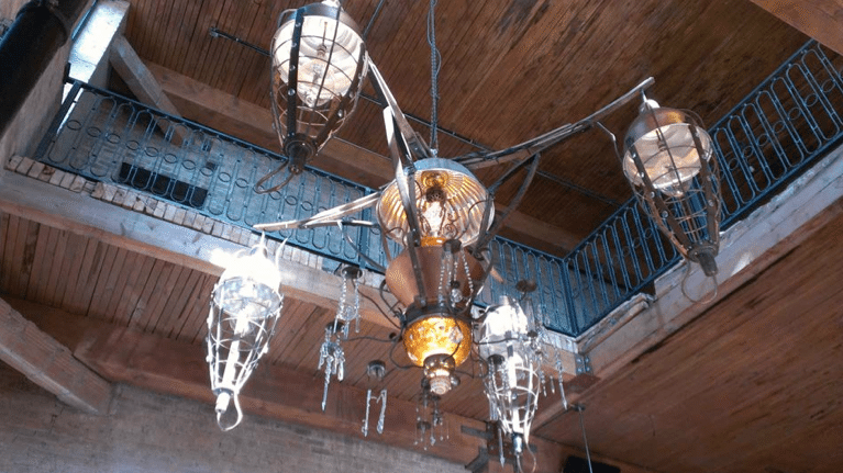 Steampunk Inspired Chandelier at Lacuna Artist Lofts in Chicago.